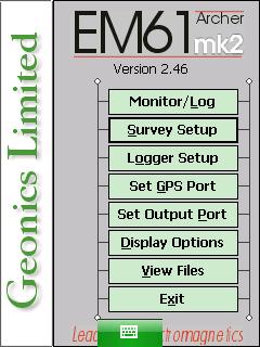 EM61-MK2A Survey Setup Menu on Archer